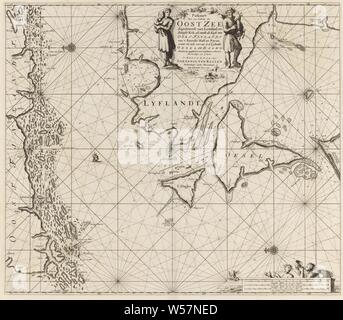 Carte Passeport de l'embouchure du golfe de Finlande dans la mer Baltique carte passeport pour une partie de la mer Baltique à partir de Lemsaal Beooste, de Kok, et aussi la côte de l'Est de la Finlande, de 't Alandse Haff, à Parna, qui comprend également d'Eeylande Oesel et Dagho. Mis en place avec précision et corrigé de nombreuses erreurs. (Titre sur l'objet), passeport plan de l'embouchure du golfe de Finlande dans la mer Baltique, avec deux rose, le Nord est à droite. Au sommet un cartouche avec le titre et l'adresse de l'éditeur, flanqué d'une femme avec un jeune enfant et un homme avec un jeune cerf Banque D'Images