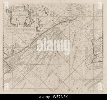 Carte Passeport de l'accès nord à la chaîne avec les côtes de la Flandre, la France et l'Angleterre Nouveau Pascaert contenant en lui-même la côte de Vlaenderen du Wielingen aux chefs où sien est peu profond et profondeur syn ainsi que comment "lant uitter Zee (titre sur l'objet), passeport de l'accès nord à la chaîne avec les côtes de la Flandre, la France et l'Angleterre, avec une rose des vents, le Nord est ci-dessous. Ci-dessus à gauche un cartouche avec le titre, l'adresse de l'éditeur et l'échelle, illustré en Allemand, Espagnol et Anglais ou Français miles (échelle : ch. 1 : 270 000). À l'adresse est Banque D'Images