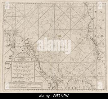Carte passeport du chenal entre l'Angleterre et la France, partie 1 Nouveau tableau de la mer de la "première partie de t' Canal entre l'Angleterre et Vrankryk (titre sur l'objet), carte Pass d'une partie de la Manche, le détroit entre la Grande-Bretagne et la France, avec une rose des vents. En bas à gauche un cartouche avec le titre, l'adresse de l'éditeur et l'échelle, Manche, Jan Luyken (rejeté) attribution, Amsterdam, 1688 - 1803, le papier, gravure, h 528 mm × W 615 mm Banque D'Images