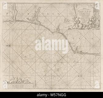 Carte nautique de une partie de la côte sud du Portugal carte passeport d'une partie de la côte du Portugal à partir de Zurara à 7 une besuyde Barlenges 8 de myl. (Titre sur l'objet), la carte d'une partie de la côte sud du Portugal, avec deux rose, le Nord est à gauche. Un cartouche en haut à droite avec le titre et l'adresse de l'éditeur. À l'intitulé, bidons sont remplis de liquide et deux hommes négocier des fruits. En bas à gauche Trois putti à l'adresse de l'éditeur et l'échelle, illustré en Allemand, Espagnol et Anglais ou Français miles (échelle : ch. 1 : 400 000), voile de bateau, voile de bateau, Cupids Banque D'Images