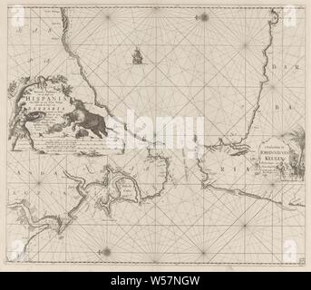 La carte nautique du détroit de Gibraltar Nouveau Passeport Carte de la côte de l'Hispanie. À partir de 't Ivana à Velez Malaga, ainsi que la Barbaria de Larache à Belis. Avec toute sa profondeur et la sécheresse l'approbation Naau compilées par les passionnés de la mer (titre sur l'objet), Passeport Carte du détroit de Gibraltar, avec deux rose, le Nord est à gauche. Sur la gauche un cartouche avec le titre et l'échelle en allemand, en espagnol et en anglais ou en français. Une corrida a lieu autour de l'intitulé. Droit à l'adresse de l'éditeur un palmier et certains hommes avec des turbans, Bull, bull-fighter Banque D'Images