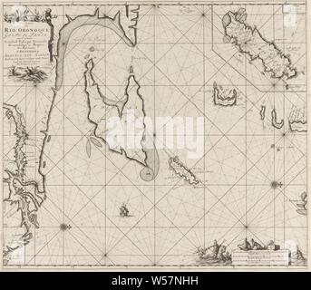 Carte Pass du golfe de Paria, à l'embouchure de l'orénoque carte Pass de Rio Oronoque Golfo de paria. avec d''ey pays Trinidad, Niger, Grenade, Granadillos, et Bequia (titre sur l'objet), la carte passeport du golfe de Paria, à l'embouchure de l'Orénoque et de l'insérer la carte de Tobago. Avec deux rose, le Nord est à droite. Haut à gauche un singe à l'intitulé et l'adresse de l'éditeur. Coin inférieur droit avec trident de Neptune et de la couronne sur un cheval de mer accompagné de deux sirènes. Deux hommes avec des sacs de marchandises à l'échelle, illustré en Allemand, Espagnol et Anglais ou Français miles Banque D'Images