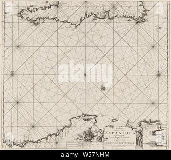 Carte Passeport d'Haïti, la République dominicaine, du Venezuela et de Curaçao et Aruba carte passeport de la Zuyd Côte de Espanjola avec la côte de la mer de Nuevo Reyne de Granada (titre sur l'objet), passeport carte de la côte sud d'Haïti, la côte sud de la République dominicaine, Curaçao, Aruba et une partie de la côte nord du Venezuela. En bas à droite, un pari avec la carte d'un port. Ci-dessous le titre, l'adresse de l'éditeur et l'échelle, illustré en allemand, en espagnol et en anglais ou en français. Les détails sont décorées avec un garçon et deux anges avec des fleurs, Cupids : 'amores', 'amoretti', 'putti Banque D'Images