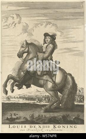 Portrait équestre de Louis XIV, roi de France Louis XIIII le roi de Navarre et Vrankryk (titre sur l'objet), l'état, portrait équestre de Louis XIV (Roi de France), Jan Luyken, Amsterdam, 1685, papier, gravure, h 282 mm × W 182 mm Banque D'Images