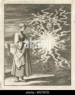 Femme marche tranquillement passé les flammes de Satan pour le feu et gloet, est de l'eau bon, devil (s) et les démons : Satan, Jan Luyken, Amsterdam, 1687, papier, imprimerie, h 92 mm × w 81 mm Banque D'Images