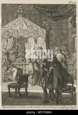 La naissance du Prince de Galles, 1686, le nommé Prince de Walles est né par une porte derrière le Ledicand dans Voorschijn (titre sur l'objet), la maternité avec la reine Marie de Modène en couches, d'une porte l'enfant, Jacobus Frans Edouard, Prince de Galles, est introduit dans la chambre, 10 juin 1686. Imprimer en haut à droite : fol 174, femme de donner naissance (en chapelle ardente), Jacobus Frans Eduard Stuart (Prince de Galles), Jan Luyken, Amsterdam, 1689, papier, gravure, h 182 mm × W 131 mm Banque D'Images