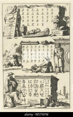 Copte, arménienne et l'alphabet chinois Coptis Alphabet, alphabet arménien et chinois images Schryf (titre sur l'objet), numérotés en haut à gauche : 49, lettres, alphabet, script, Jan Luyken, Amsterdam, 1690, papier, gravure, h 284 mm × W 183 mm Banque D'Images