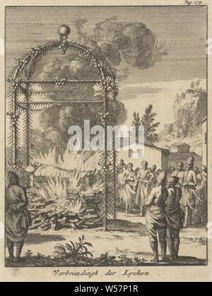 Cérémonie de crémation en Verbrandingh Lycken Ceylan der (titre sur l'objet), d'impression supérieur droit : Pag. 174, body-burning, crémation, Sri Lanka, Jan Luyken, 1692, papier, gravure, h 169 mm × W 126 mm Banque D'Images