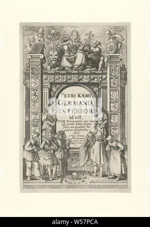 Pour l'impression de titre inférieur, Germania imprimer Titre de 'Germania' inférieure avec un arc de triomphe au milieu, flanqué de deux femmes. La femme sur la droite est la tenue d'un balai et d'un plaque avec 'facteur' dans ses mains et la femme de gauche est tenant une branche de palmier et une branche d'olivier. La voûte est décorée avec les armes de 'De Seventien Provincien'. Une femme richement habillé est assis sur un arc sur un arc. Elle est entourée par les attributs qui représentent la prospérité des provinces, comme le personnel du mercure, un bateau et l'armillarium sur ses genoux. Juste à côté d'elle est Mercure et laissé derrière elle ses Neptune Banque D'Images