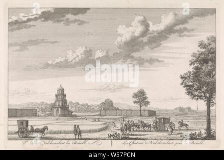 Fermes de Château de Falkenlust à Brühl Valckenslust Brüell / Château par le Chateau de Valckenslust Brüell (pres de titre sur l'objet) le long des visages Rhyn (titre de la série), vue sur les terres agricoles du château de Falkenlust à Brühl, Allemagne. Voitures à chevaux et cavaliers ride au premier plan. Les agriculteurs travaillent sur le terrain. L'impression est partie d'une série de onze imprime avec vue sur le long du Rhin, château, paysages dans la zone tempérée, Brühl, Hendrik de Leth, Amsterdam, 1767, papier, gravure, h 232 mm × W 347 mm Banque D'Images