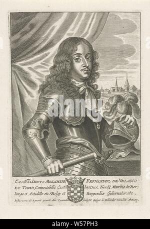 Portrait de Inacho Melchior Ferdinand de Velasco, l'agent de Velasco et Tovar, gouverneur de la Belgique et de la Bourgogne. Dans la marge, le blason de la famille de la personne représentée, Inacho Ferdinand de Melchior, l'agent de Velasco, Lommelin Adriaen (mentionné sur l'objet), Anvers, 1652 - 1677, papier, gravure, h 182 mm × W 125 mm Banque D'Images