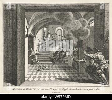 Le meurtre du Prince d'Orange, 1584 William le premier, Prince d'Orange, à Delft, tourné à travers, dans l'année 1584 (titre sur l'objet), le Prince d'Orange à Delft assassiné par Balthasar Gerards, 10 juillet 1584. Willem van Oranje a été tournée sur l'escalier et s'est effondré, le meurtrier s'enfuit sur la gauche. Droit à l'avant-plan, deux gardes se précipiter, tentative de meurtre politique, la mort violente, éléments, Prinsenhof (Delft), Willem I (Prince d'Orange), Balthasar Gerards, Simon Fokke (mentionné sur l'objet), Amsterdam, 1752, papier, gravure, h 170 mm × W 203 mm Banque D'Images
