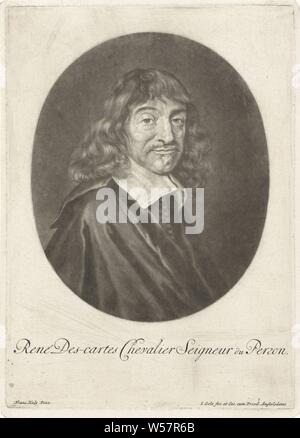 Portrait de René Descartes, René Descartes, philosophe et mathématicien français, Jacob Gole (mentionné sur l'objet), Amsterdam, 1670 - 1724, papier, gravure, h 255 mm × W 180 mm Banque D'Images