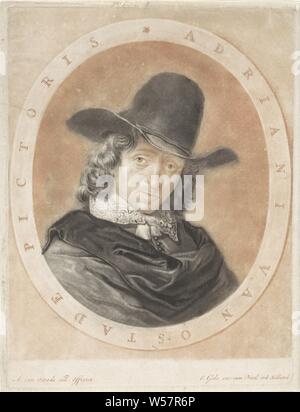 Portrait d'Adriaen van Ostade, Adriaen van Ostade peintre. Il a son chapeau sur la tête inclinée, portrait, auto-portrait, ou de l'artiste, Adriaen van Ostade Jacob Gole (mentionné sur l'objet), Amsterdam, 1670 - 1724, le papier, gravure, h 227 mm × W 172 mm Banque D'Images
