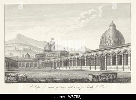 Campo Santo à Pise Veduta dell 'salon interna del Campo-Santo de Pise (titre sur l'objet), vue sur la pelouse avec la terre sainte, une partie de l'enceinte du cimetière Campo Santo de Pise. Certains sarcophages dans l'avant-plan. Dans l'arrière-plan la cathédrale de Pise (Duomo di Pisa), le Baptistère de San Giovanni et de la Tour de Pise (campanile), à la ville en général, 'veduta', de l'église (extérieur), sarcophage, cimetière, cimetière, Pise, Campo Santo, baptistère, Dom, Tour de Pise, Raniero Grassi (mentionné sur l'objet), ch. 1831 - c. 1854, papier, gravure, h 227 mm × W 323 mm Banque D'Images