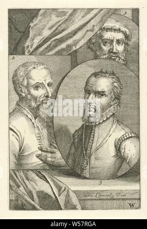 Portraits de Pieter Coecke van Aelst, Maarten van Heemskerck et Michiel Coxie, trois portraits de l'artiste. Portrait de Pieter Coecke van Aelst (no. 1), Maarten van Heemskerck (no. 2) et Michiel Coxie (no. 3). La mention d'impression en bas à droite : W, Pieter Coecke van Aelst (I), Maarten van Heemskerck, Michiel Coxie (I), Jan l'Amiral (mentionné sur l'objet), 1764, papier, gravure, h 153 mm × W 101 mm Banque D'Images