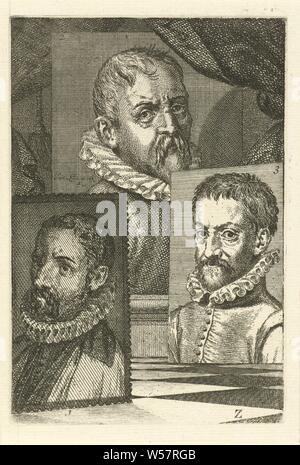 Portraits de Dirck Barendsz, Anthonie Blocklandt et Dominicus Lampsonius., trois portraits de l'artiste. Portrait d'Anthonie Blocklandt (n° Dirck Barendsz, 1). (No. 2) et Dominicus Lampsonius (No. 3). La mention d'impression en bas à droite : Z, Anthonie Blocklandt, Dirck Barendsz, Dominicus Lampsonius, Jan l'Amiral (mentionné sur l'objet), 1764, papier, gravure, h 152 mm × W 103 mm Banque D'Images