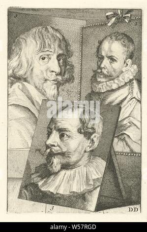 Portraits de Hendrik van Steenwijck, Jacob de Gheyn et Sebastiaan Vranx, trois portraits de l'artiste. Portrait d'Hendrik van Steenwijck (no. 1), Jacob de Gheyn (no. 2) et Sebastiaan Vranx (no. 3). La mention d'impression en bas à droite : DD, Hendrik van Steenwijck (II), Jacob de Gheyn II), Sebastiaan Vrancx, Jan l'Amiral (mentionné sur l'objet), 1764, papier, gravure, h 156 mm × W 103 mm Banque D'Images