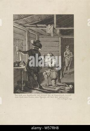 La trahison de Rennenberg, 1580 plein d'une telle idée, il jure, en étant debout, fidèlement / à Dieu, à Rome, à l'Espagne, et défie la réflexion après coup, (titre sur l'objet) des scènes de la vie du Prince William I, 1568-1584 (Titre de la série), jure Rennenberg la nuit agenouillé devant une image du Christ sur la croix, fidèles à l'Espagne tout en Farnese se trouve à côté de lui, en 1580. Cette gravure fait partie d'une série de 24 tirages avec des scènes de la vie du Prince William I, 1568-1584 et est une illustration pour la vingt-deuxième chant, altarcross, crucifix, un serment (avec deux doigts soulevées Banque D'Images