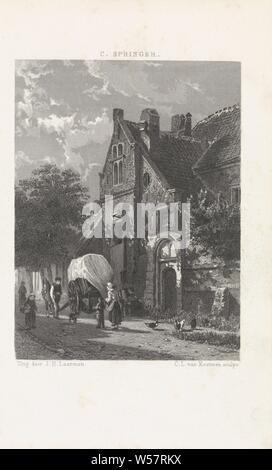 Street view, Street view avec un certain nombre de passants et les poulets à l'avant-plan. En face de l'entrée d'une maison est un chariot et tendues sur le côté de la rue sont des arbres, village-rue, véhicule à deux roues tirée par un animal, Christiaan Lodewijk van Kesteren (mentionné sur l'objet), 1866, papier, gravure sur acier, h 155 mm × w 94 mm Banque D'Images