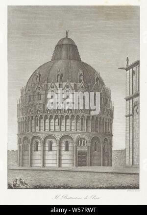 Battistero di San Giovanni à Pise Il Battistereo di Pisa (titre sur l'objet) Les observations des principaux bâtiments de Pise (titre de la série) / Rappresentazione Degli edifizj cospicui più di Pisa (titre de la série), vue sur le Baptistère (Battistero di San Giovanni) à Pise, la ville en général, 'veduta ' baptistère, Raniero Grassi (mentionné sur l'objet), Pise, 1854, papier, gravure, h 220 mm × W 155 mm Banque D'Images