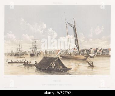 Vue sur le waterfront et Reed de Paramaribo Gezigten West-Indien de Neerland's (titre de la série), plusieurs bateaux sur le fleuve, y compris quelques barques. Un poundo voiles à l'avant avec un toit de chaume avec barils qui sont transportés. Derrière elle une goélette Curaçao avec le pavillon néerlandais. Des bâtiments tels que la Waag avec un toit rouge sur le quai. Sous l'image, à la hauteur de leur place sur le quai, les noms de rues sont indiqués, rivière, Suriname, jonkheer Jacob van Heemskerck Eduard van Beest (mentionné sur l'objet), 1860 - 1862, papier, h 400 mm × W 522 mm Banque D'Images