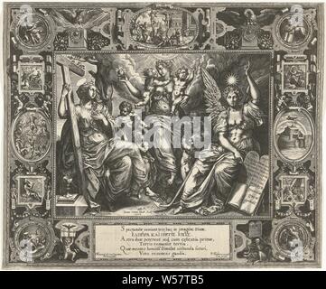 Trois vertus de foi, d'amour et d'espérance, trois vertus divines de foi, d'amour, présenté comme la charité l'incarne, et l'espoir. Dans un cadre avec quatre médaillons à symboles des évangélistes dans les coins, complétées par des cartouches avec les représentations bibliques : Crucifixion, sacrifice d'Isaac, jugement final, travail sur l'excréments piège, Daniel dans la fosse aux lions, l'arche de Noé après le déluge et Jonas et la baleine. L'empreinte de l'inscription en six lignes, les trois vertus théologales, les quatre symboles des évangélistes, les bêtes apocalyptiques, la crucifixion du Christ : la mort du Christ sur Banque D'Images