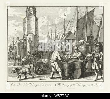 Enveloppé dans du hareng de barils la progression du hareng dans barils / l'emballage du hareng dans les Barrils (titre sur l'objet) Grand Vissery (titre de la série), le hareng capturé sur le quai paniers en tonnes et emmenés. Dans l'arrière-plan la voile mâts et une tour. L'impression est partie d'une série de 32 tirages avec des représentations au sujet de la prise de hareng, de la mer et de la pêche côtière, contenant en bois : le baril, tonneau, godet, les poissons osseux : hareng, Adolf van der Laan, Amsterdam, 1728 - 1761, le papier, gravure, h 178 mm × W 207 mm Banque D'Images