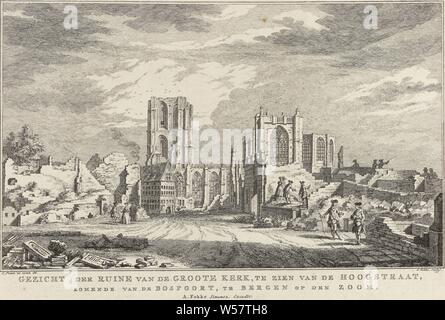 Ruine de la grande église de Bergen op Zoom, 1748 Vue des ruines de la grande église, vu de la Hoogstraat, venant de l'Bospoort, à Bergen op Zoom den (titre sur l'objet) Dix visages des ruines après le siège et la destruction de Bergen op Zoom en 1747 (titre de la série), les visiteurs vers les ruines de la grande église (St. Gertrudis église) de Bergen op Zoom dans l'année 1748. Partie de la série avec dix visages des ruines après le siège et la destruction de Bergen op Zoom par les Français en juin-septembre 1747, dévasté, ruiné lieu ou ville (marine), ruine de l'église, monastère, etc, Bergen op Banque D'Images