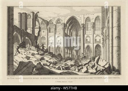 Ruine de la Grote Kerk à Bergen op Zoom, 1748 ruine de la Grote Kerk à den Bergen op Zoom, de l'intérieur, à la recherche de la partie supérieure, à l'choor (titre sur l'objet) Dix visages des ruines après le siège et la destruction de Bergen op Zoom en 1747 (titre de la série), la ruine de l'intérieur de la grande église (St. Gertrudis église) de Bergen op Zoom dans l'année 1748. Partie de la série avec dix visages des ruines après le siège et la destruction de Bergen op Zoom par les Français en juin-septembre 1747, dévasté, ruiné lieu ou ville (marine), ruine de l'église, monastère, etc, Bergen op Zoom, Simon Fokke Banque D'Images