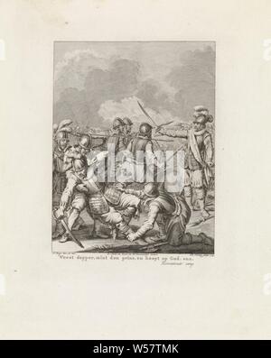 La mort de Charles de Capman, 1575 Soyez courageux, menthe le prince, et l'espoir de Dieu. etc. (titre sur l'objet) des scènes de la vie du Prince William I, 1568-1584 (Titre de la série), au cours d'une bataille avec Mondragon, Charles de Capman trouve la mort sur le champ de bataille, le 29 septembre 1575. Cette gravure fait partie d'une série de 24 tirages avec des scènes de la vie du Prince William I, 1568-1584 et est une illustration pour la dix-septième chant, mourir, bataille, les combats en général, Charles de Capman, Cristóbal de Mondragón y Otalora, Theodoor Koning (mentionné sur l'objet), Amsterdam, 1785, papier, gravure, h 273 mm × W 217 Banque D'Images