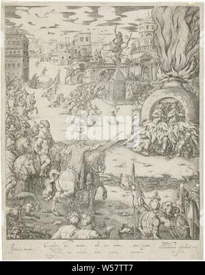 Schadrac, Méschac et Abed-Nego dans la fournaise ardente, le roi babylonien Nabuchodonosor à cheval et entouré par des soldats voit que Schadrac, Méschac et Abed-nego sont miraculeusement assistée par un quatrième figure dans le four brûlant, ce qui rend le roi décider pour acheter leur salut. Dans l'arrière-plan de nombreuses figures agenouillées autour de la statue en or, érigée à l'extérieur de la ville de Babylone, que les trois ont refusé d'adorer. Ci-dessous le montrent deux lignes en latin, l'histoire des trois Hébreux dans la fournaise ardente (Daniel 3), Abraham van den Hecken (mentionné sur l'objet), ch. 1620 - 1652, papier Banque D'Images