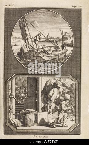 La selle d'un bateau / deux clochards, deux représentations de sorts de loterie, chacun avec son propre numéro. N ci-dessus. 217 : une représentation à une liste d'un voilier en mer. L'un des skippers soulage lui-même de la voile. Ses excréments tombent sur un sceau. Sous le n. 220 : une représentation sur un plan octogonal liste de deux vagabonds de quitter une maison, surchargé de meubles. Dans l'arrière-plan une riche autour d'une table, vu à travers une porte ouverte. L'impression est un numéro de page en haut à droite, voilier, bateau à voile, la défécation, la natation mammifères : joint, mendiant, cambriolage, un banquet ou une société élégante Banque D'Images