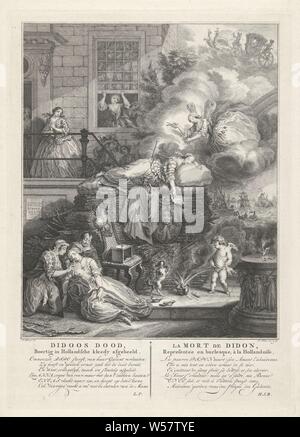 La mort de Didon Didoos Mort, Boertig kleedy / Néerlandais représenté dans la mort de Didon, representée et burlesque, à la Hollandoise (titre sur l'objet), Dido est mort sur un jeu de branches et de meubles. Dans le premier plan à gauche une femme de tristesse est devenu malade. Derrière le jeu, les femmes sur le trottoir en face d'une maison regarder en état de choc. La plaque sur le trottoir à gauche du jeu montre que cette impression a été faite pour la triste jouer 'Didoos Dood' par Andries Pels. Sous le titre est un texte en néerlandais et en français, (Histoire de) - la mort de Didon, tragédie, Simon Fokke (mentionné sur l'objet), Amsterdam Banque D'Images