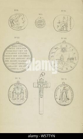 8 amulettes illustration de livre pour : G. Emaus de Micault, les amulettes dans leur origine et d'autres progrès, 1847, les amulettes sont numérotés. Les faces avant et arrière de quelques-uns sont indiqués. L'amulette dans le centre inférieur a la forme d'une croix, d'amulette, talisman, Gerardus Emaus de Micault (mentionné sur l'objet), papier, h 220 mm × 140 mm w Banque D'Images