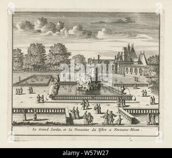 Vue sur le grand jardin et le Bassin de Tibre du palais de Fontainebleau, le grand jardin et la fontaine du Tybre et Fontaine Bleau (titre sur l'objet), le grand jardin et le Tibre de bassin dans le jardin du palais de Fontainebleau. Autour de la fontaine, palais, cour intérieure, fontaine ornementale, le français ou le jardin architectonique, potager, palais de Fontainebleau, Jan Lamsvelt, 1726 - 1743, le papier, gravure, h 171 mm × W 203 mm Banque D'Images