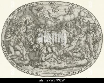 Dieux Olympiques parmi les nuages : l'élément de l'air (titre de l'ARE sur l'objet) Les quatre éléments (titre de la série), les dieux Jupiter et Junon, avec eagle et Peacock, respectivement, entouré par les différents dieux de l'Olympe et putti entre les nuages, comme une allégorie de l'élément air. Représentation dans un ovale entourant une inscription latine. Imprimer à partir d'une série de quatre, de l'air (l'un des quatre éléments), Jupiter et Junon en tant que roi et reine du ciel, de l'Olympe, les dieux de l'Olympe ensemble : Jupiter, Junon, Neptune, Ceres, Apollo, Diana, Mars, Vénus, Mercure, Minerve, Vulcan, Vesta (ou Bacchus), Cupids : ' Banque D'Images