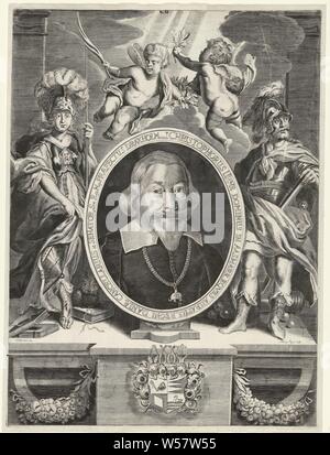 Portrait de Christophor Urne avec Minerva et Mars, Portrait de Christophor Urne dans un ovale avec un texte latin. Autour de son cou un collier avec un éléphant avec une croix, symbole de l'ordre de l'éléphant. À sa gauche, Minerva en armure et un hibou à ses pieds. À sa droite est Mars, en armure. Ci-dessous le portrait d'une arme de guirlandes à côté. Au-dessus de lui deux putti sur des nuages tenant une couronne de laurier et une branche de palmier, Angel (s) représenté comme enfant, barbe, moustache, collier (vêtements pour hommes), chevalier ordre de la Toison d'or, des aspects spécifiques, aspects allégoriques de mercure, le mercure en tant que Banque D'Images