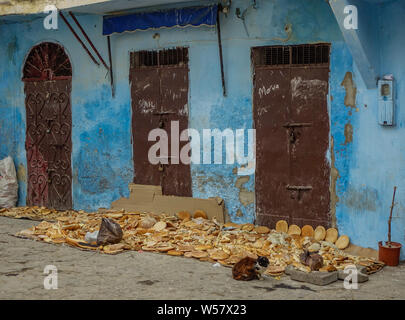 Tanger, Maroc, Afrique - le 9 février 2016 : façade bleue avec trois portes brun. Le pain sur le sol avec un petit chat Banque D'Images