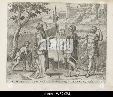 Le locateur inspecte les champs Leeringhe Gelyckenissen Iesu par série (titre) parabole du semeur (titre de la série) den grooten Figuer-Bibel (...) (titre de la série), les serviteurs, les deux avec une hallebarde à la main, demandez au propriétaire s'ils devraient les mauvaises herbes mauvaises herbes parmi les céréales. Le propriétaire répond que le grain et les mauvaises herbes doit continuer à croître jusqu'à la récolte. Un garçon est maintenant la robe du locateur. Ci-dessous la performance une référence en Amérique pour le texte de la Bible en mat. 13:27. Cette impression est partie d'un album, une a semé une bonne semence dans son champ, de l'ivraie parmi le blé, Pieter Jalhea Furnius, 1568 et/ Banque D'Images