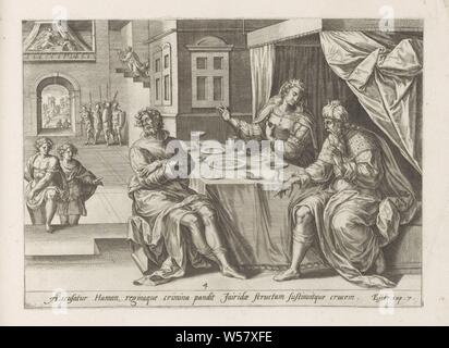 Haman accuse ester pendant le repas Histoire de l'Ester (titre de la série) Historia Asuerij (...) (titre de la série) Thesaurus sacrarum [m] historiaru veteris testame [n] ti, elega [ n] tissimis expressu imaginibus [m] fam [n] tissimoru [m] viroru dans hac arte [m] opera : maintenant [n] c primu [m] de luce [m] editus (titre de la série), le roi Assuérus et Haman officielle est assis à la table de l'Ester. Esther est l'accusant Haman du meurtre planifié du peuple juif. Dans l'arrière-plan vous pouvez voir comment Haman s'agenouille à côté du lit de l'Ester de la Reine et la supplie pour sa vie. Le roi Assuérus monte les escaliers et Banque D'Images