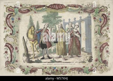 Le fils prodigue dit au revoir à son père Filius prodigus abiit longinquam (région de titre sur l'objet), le fils prodigue quitte la maison parentale. Sur la gauche est le fils perdu, qui dit au revoir à son père, qui est debout au milieu d'une robe de chambre avec les bras tendus. Sur la droite deux dames appuyant à la main sur le coeur. Les chiffres sont habillés en vêtements du xviiie siècle. Titre sous la représentation. La scène se passe dans l'ornement frontière., de prise de congé et le départ du fils prodigue, ornements, art, Giovanni Volpato (peut-être), 1700 - 1799, le papier, gravure, h 570 mm × W 830 mm Banque D'Images
