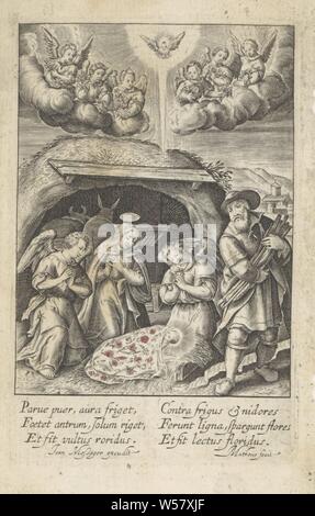 L'Adoration de l'Enfant Jésus par Marie et deux anges Vita Deiparae Virginis Mariae (titre de la série) la vie de la Vierge Marie (titre de la série), dans l'étable de Bethléem, Marie s'agenouille avec deux anges, dans l'adoration de l'enfant Jésus endormi. Joseph montres, avec juste rassemblé du bois dans ses mains. Au-dessus de l'Esprit Saint a volé comme une colombe, entouré par des anges avec des fleurs dans leurs mains. Dans la marge d'une légende de six lignes, en deux colonnes, en Amérique. L'impression est partie d'un album, l'adoration de l'enfant Jésus par Marie (ange (s)), Saint-esprit représenté comme une colombe (en flammes) (angel (s)), Jean Matheus Banque D'Images