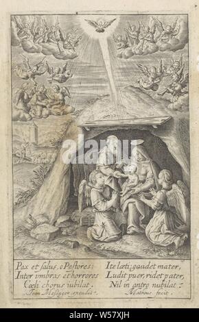 Deiparae Virginis Mariae Vita Nativité (titre de la série) la vie de la Vierge Marie (titre de la série), Marie est assise avec l'enfant Jésus sur ses genoux dans l'étable de Bethléem. Deux anges s'agenouiller en adoration pour le Christ enfant tenant la main de Joseph. Sur la gauche en arrière-plan l'annonce aux bergers. Au-dessus de l'Esprit Saint a volé comme une colombe, entouré de musique des anges sur les nuages. Dans la marge d'une légende de six lignes, en deux colonnes, en Amérique. L'impression est partie d'un album, pieuse Marie avec ses parents, des anges, et peut-être Dieu le Père présent, Saint-esprit représenté comme un Banque D'Images