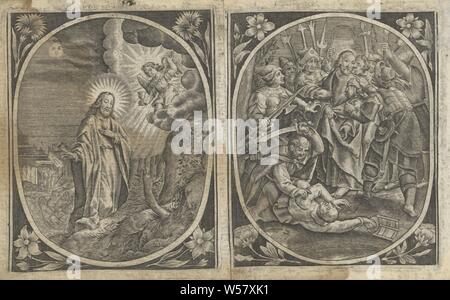 Baiser de Judas et l'Arrestation du Christ Passion du Christ (titre de la série), Judas Christ embrasse sur la joue. Les soldats entourent et l'arrêter. Peter est sur le point de couper l'oreille de Malchus. Dans un cadre rectangulaire ovale, une fleur dans chaque coin. L'impression est partie d'un album, le baiser de Judas : accompagné par des soldats avec des torches et des lanternes, il embrasse le Christ, Peter tire son épée et coupe l'oreille de Malchus, anonyme, 1576 - 1650, papier, gravure, h 82 mm × w 67 mm Banque D'Images