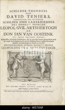 Deux putti portent les armoiries de l'Archiduc Leopold Willem van Oostenrijk Titre de la page : Peintre-peinture de David Teniers, gheboortigh peintre d'Anvers et l'appareil photo-serviteur de la plus noble de Leopol. Guil. arts-hertogh et Don Ian van Oostenr (...), 1660 (titre sur l'objet), deux putti ailés avec manteau dans un cadre ornemental. Ils détiennent l'arme couronné de l'Archiduc Leopold Willem de l'Autriche. Cette impression est partie d'un album, Cupids : 'amores', 'amoretti', 'putti, des armoiries (symbole de la souveraineté), gouverneur de la sud des Pays-Bas Willem Léopold II, Don Juan d'Autriche, Coenraet Waumans Banque D'Images