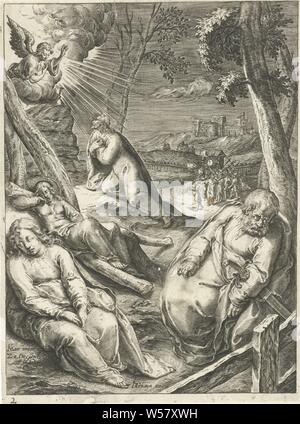 Le Christ au Jardin de Gethsémani Passion du Christ (titre de la série), le Christ prie sur la montagne d'olive et un ange apparaît devant lui. Les disciples qui regarderaient avec lui s'est endormi. Dans l'arrière-plan vous pouvez voir tous les soldats qui veulent saisir le Christ et se déplacer de la ville à la montagne. Imprimer à partir d'une série de 13 estampes et un titre réalisé par Z. Dolendo et J. de Gheyn II., Gethsémani, Mont des Oliviers, 'Oelberg" (Matthieu 26 : 36-56, Marc 14 : 32-52, Luc 22 : 39-53, Jean 18 : 1-12), Zacharias Dolendo (mentionné sur l'objet), Leiden, 1596 - 1598, papier, gravure, h 143 mm × W 105 mm Banque D'Images