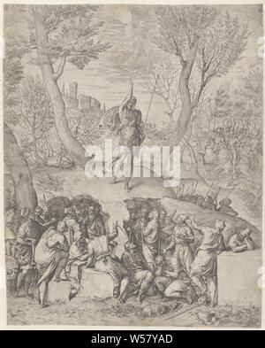 La prédication de Jean le Baptiste, Jean le Baptiste se trouve dans un paysage et traite d'une foule. Dans l'arrière-plan sur la droite près de soldats à cheval, Jean le Baptiste prêche (peut-être le Christ parmi les spectateurs), Giovanni Battista Fontana (attribué à), l'Italie, 1535 - 1587, le papier, gravure, h 498 mm × W 395 mm Banque D'Images