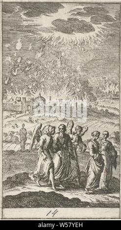 Lot et ses filles quitter le brûler Sodome vingt-quatre scènes du Nouveau Testament (titre de la série), la destruction de Sodome et Gomorrhe : Lot et sa famille fuient à Tsoar, transportant leurs biens, un ange peut montrer la voie (Genèse 19 : 24-29), anonyme, 1681 - 1762, le papier, gravure, h 121 mm × w 68 mm Banque D'Images