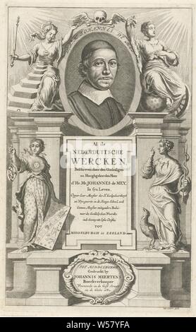 Portrait de Johannes de Mey, flanqué de Philosophie et Théologie pour la page de titre : J. De Mey. Tous les Allemands, 1681 Inférieur Wercken, Portrait du théologien Johannes de Mey, flanqué de la personnification de la philosophie (à gauche) et la théologie (à droite). Ci-dessous le portrait sont les personnifié l'astronomie (à gauche) et la médecine (à droite), portrait d'un écrivain, "Philosophia", "Philosofia" (RIPA), théologie, 'Theologia' (RIPA), 'Astronomia', 'Cosmografia", "Cosmografia" (RIPA), 'Medicina', représentations allégoriques, médecine, 'Medicina' (RIPA), Johannes de Mey, Jan Luyken (mentionné sur l'objet), papier Banque D'Images